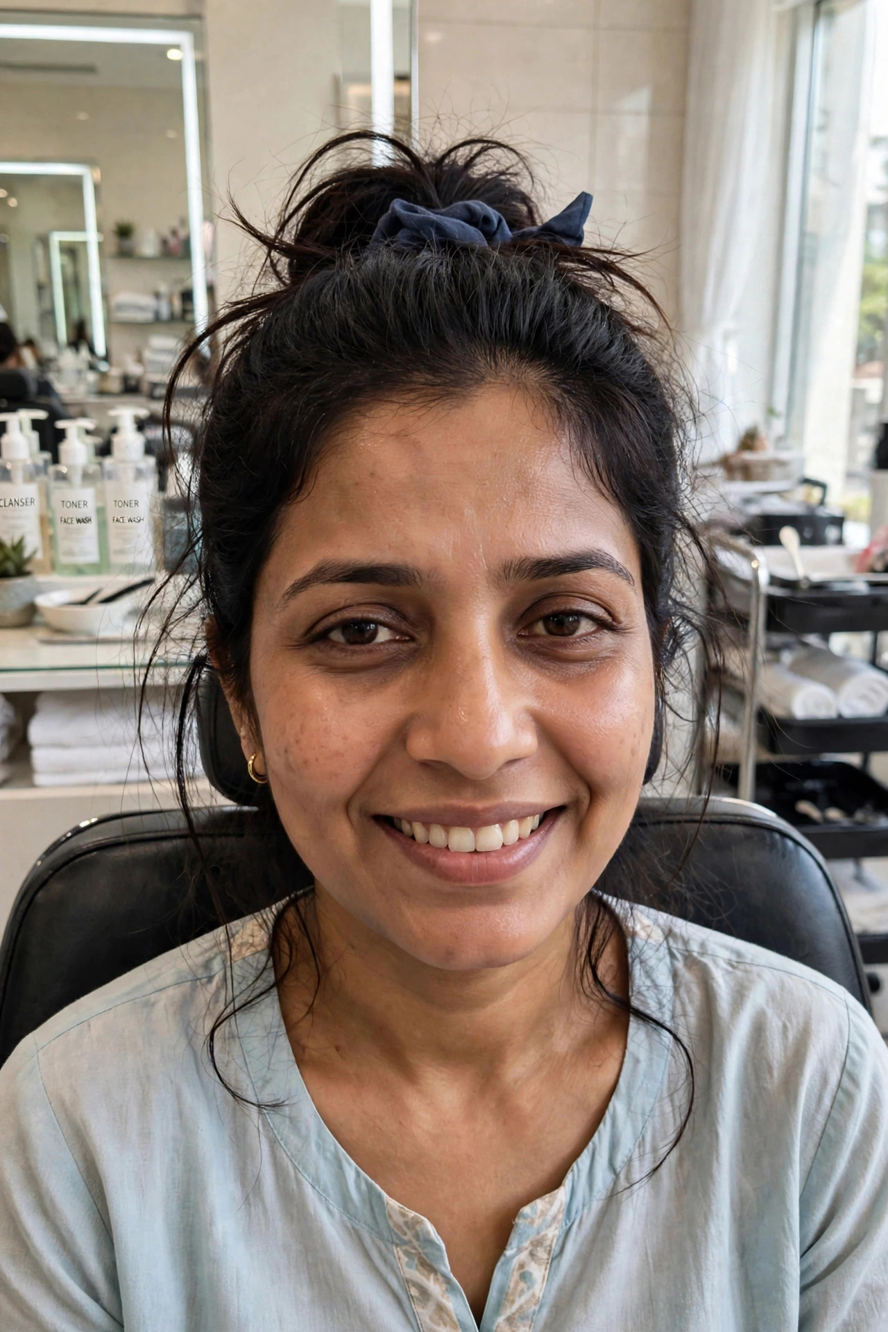 Same woman fresh and radiant after facial and hair care