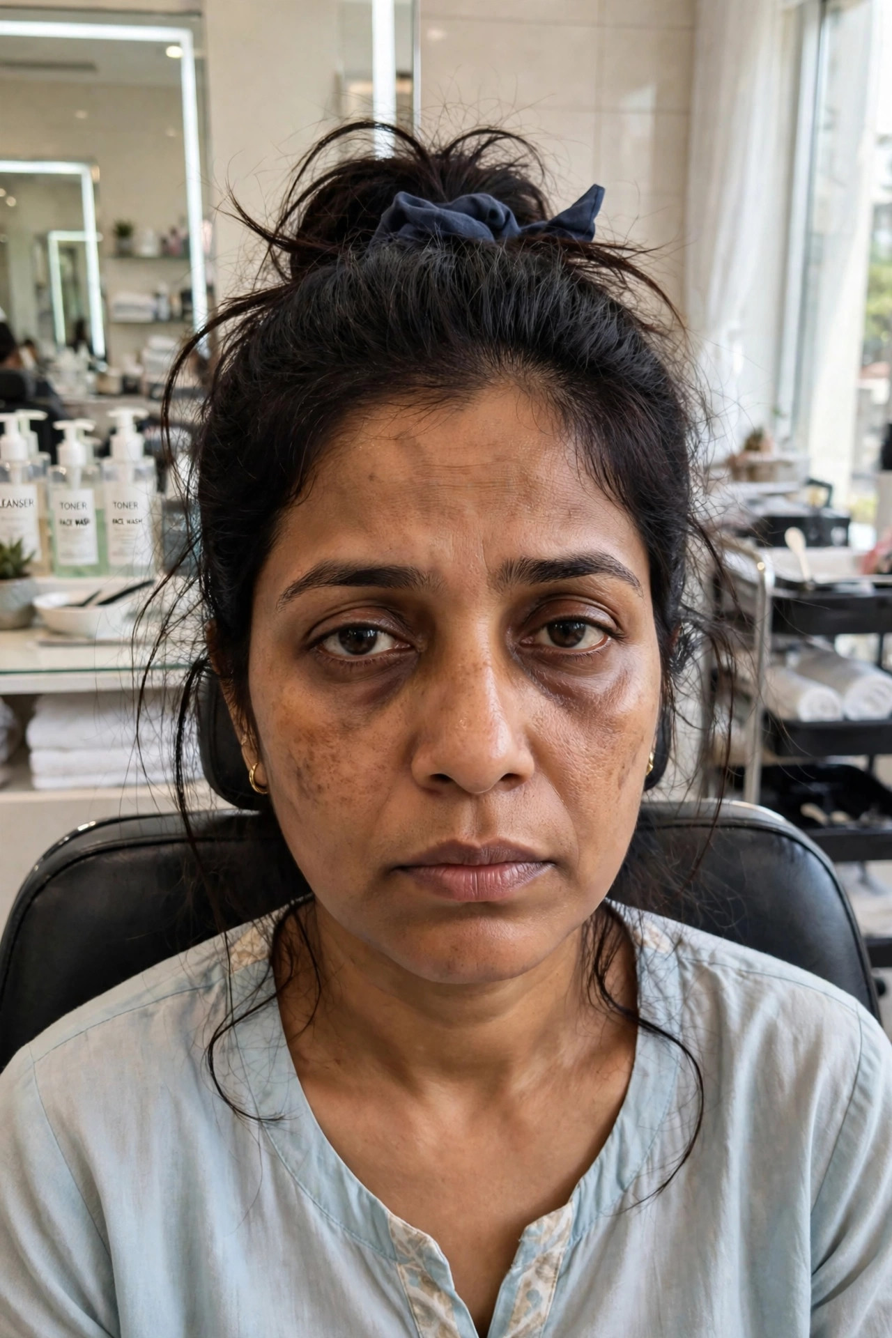 Woman tired with dull skin and messy hair before parlour visit